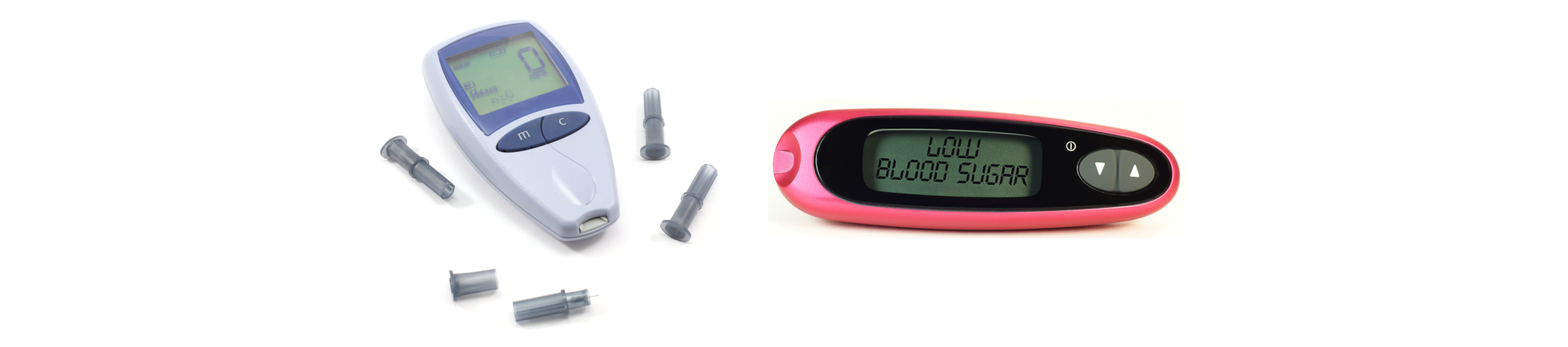 Glucometer and a blood sugar monitoring device with the 'Low Blood Pressure' word on screen