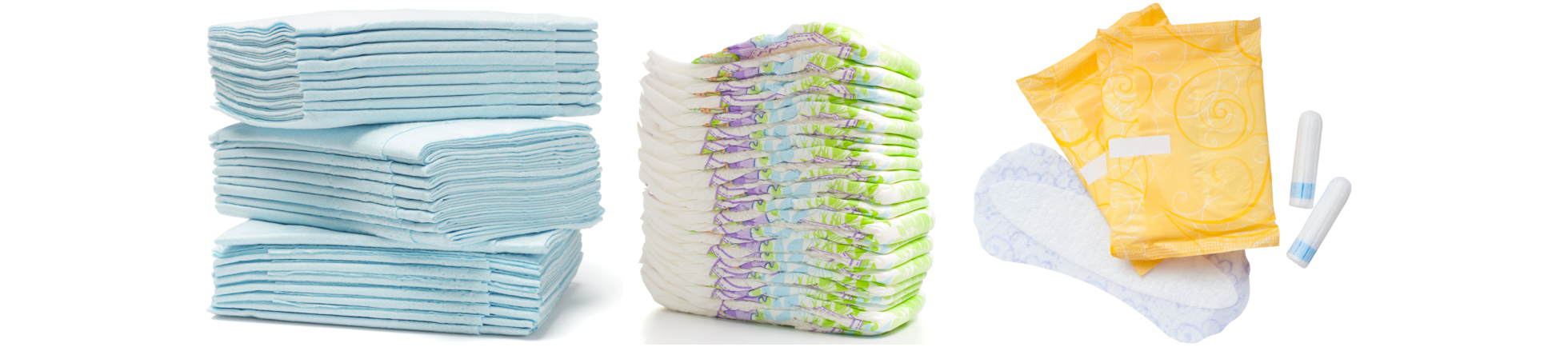 Folded tissue, stack of diapers, tampons and napkins